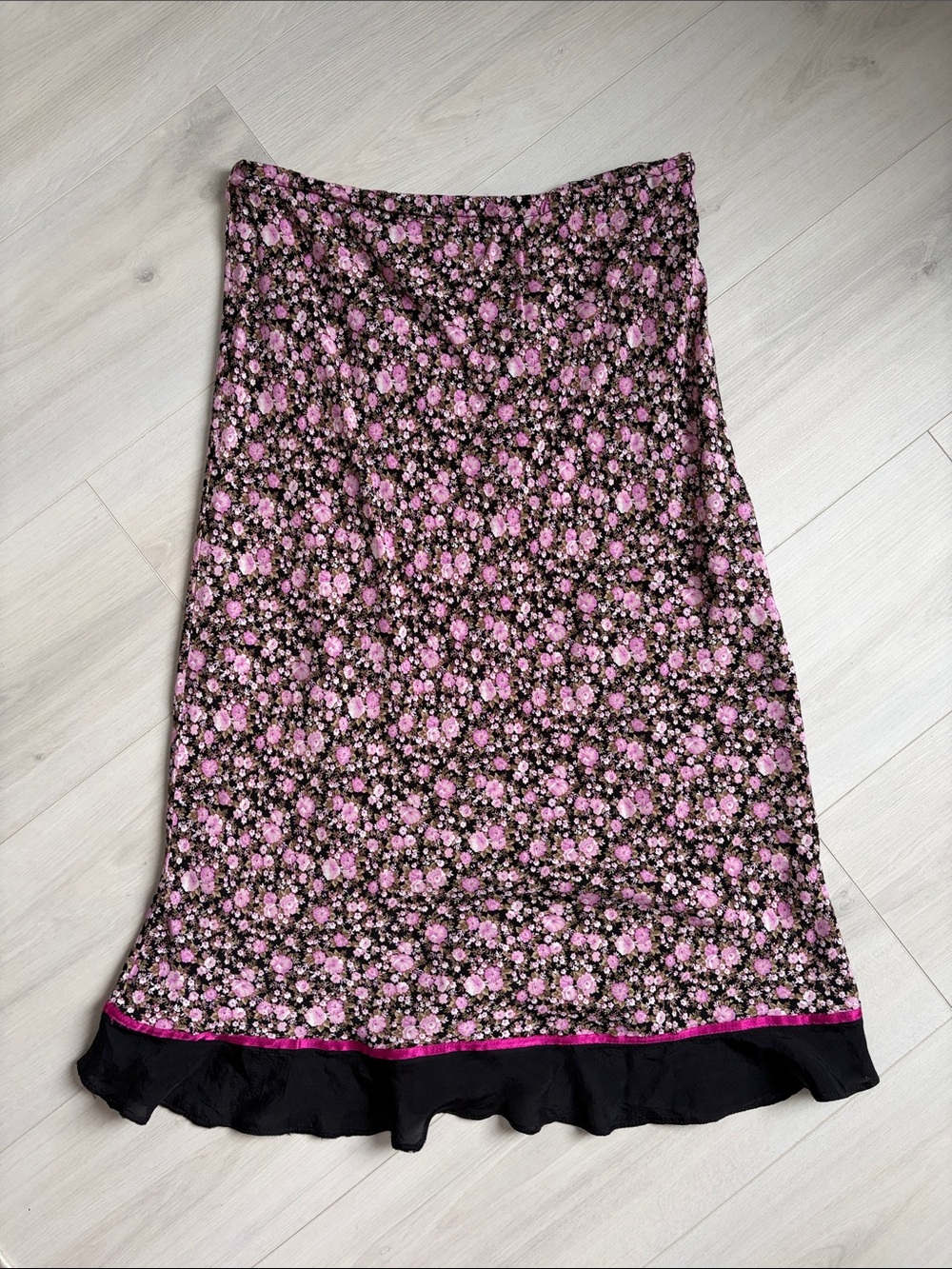 Warehouse Floral Pink Midi Skirt with Ruffle Hem